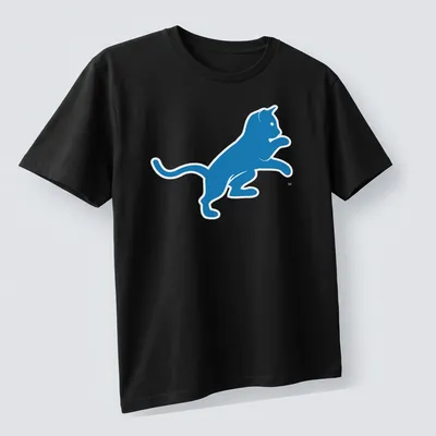 Blue silhouette of a cat referencing Motor City in a simple design — printed on a unisex t-shirt (angled view)