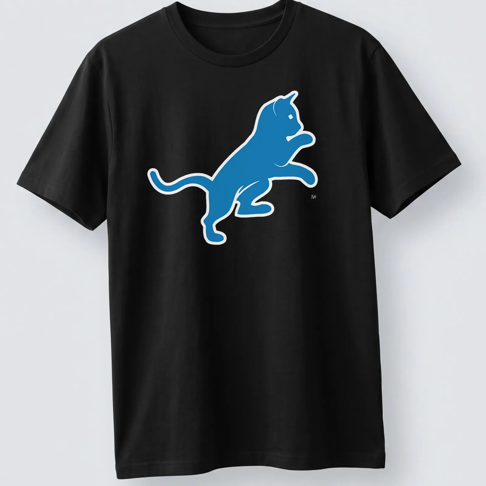 Blue silhouette of a cat referencing Motor City in a simple design — printed on a unisex t-shirt