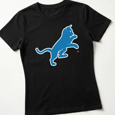 Blue silhouette of a cat referencing Motor City in a simple design — printed on a women's shirt
