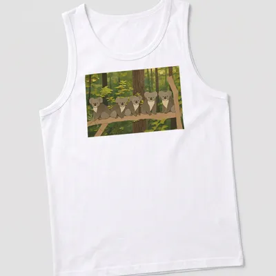 Cartoon design of cute koalas resting on a branch with whimsical text above. — printed on a tank top