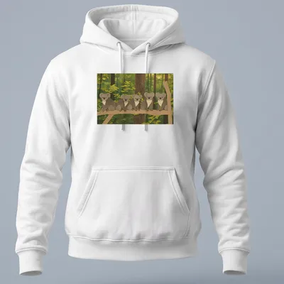 Cartoon design of cute koalas resting on a branch with whimsical text above. — printed on a unisex hoodie