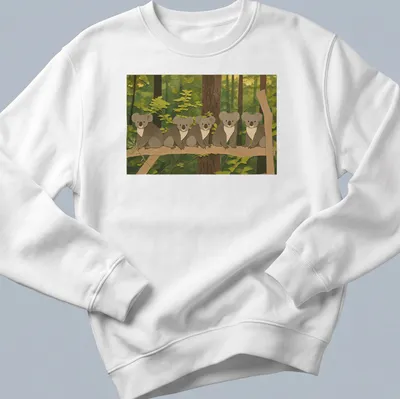 Cartoon design of cute koalas resting on a branch with whimsical text above. — printed on a unisex sweatshirt