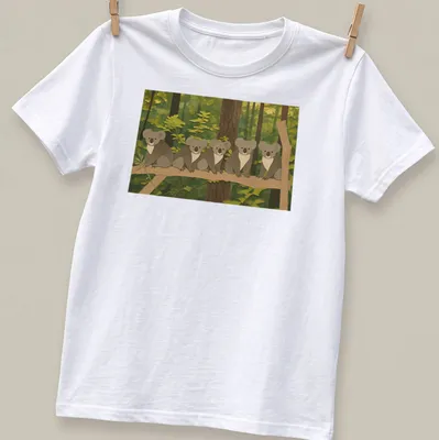 Cartoon design of cute koalas resting on a branch with whimsical text above.