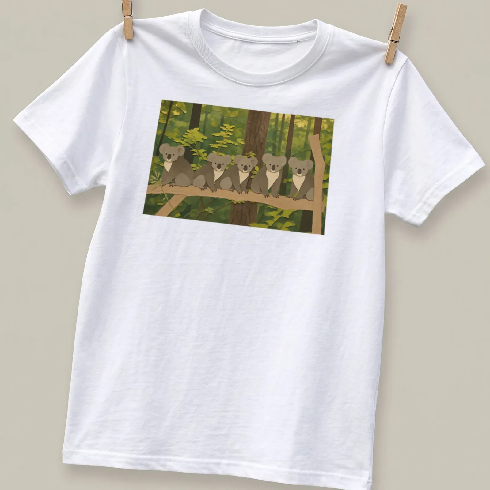 Cartoon design of cute koalas resting on a branch with whimsical text above. — printed on a unisex t-shirt