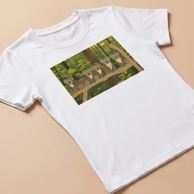 Cartoon design of cute koalas resting on a branch with whimsical text above. — printed on a women's shirt