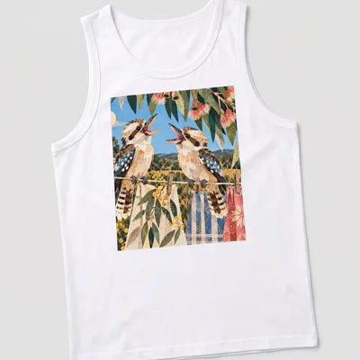 Vintage illustrated t-shirt featuring laughing kookaburras in soft colors — printed on a tank top
