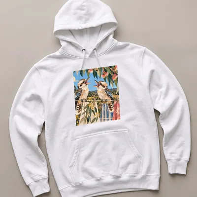 Vintage illustrated t-shirt featuring laughing kookaburras in soft colors — printed on a unisex hoodie