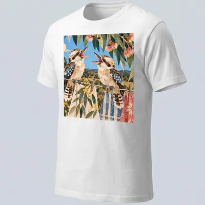 Vintage illustrated t-shirt featuring laughing kookaburras in soft colors — printed on a unisex t-shirt