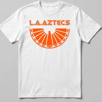 Bold geometric L.A. Aztecs soccer tee featuring an eagle emblem in orange.
