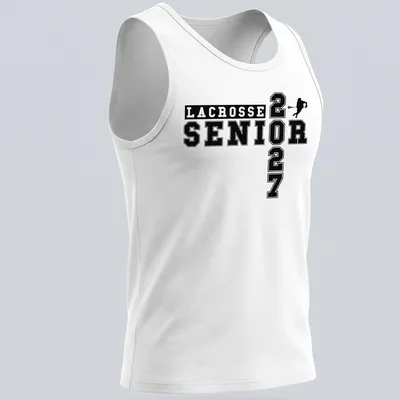 Bold collegiate Lacrosse Senior 2027 t-shirt featuring a lacrosse player in black and white — printed on a tank top