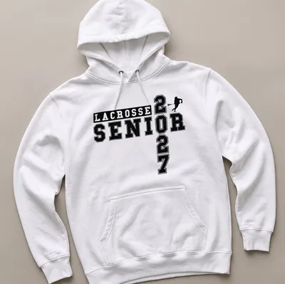 Bold collegiate Lacrosse Senior 2027 t-shirt featuring a lacrosse player in black and white — printed on a unisex hoodie
