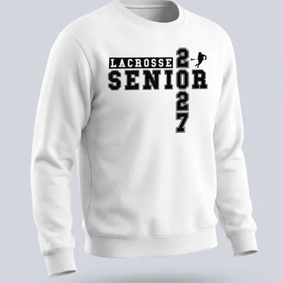 Bold collegiate Lacrosse Senior 2027 t-shirt featuring a lacrosse player in black and white — printed on a unisex sweatshirt