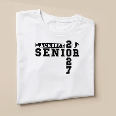 Bold collegiate Lacrosse Senior 2027 t-shirt featuring a lacrosse player in black and white — printed on a unisex t-shirt (angled view)