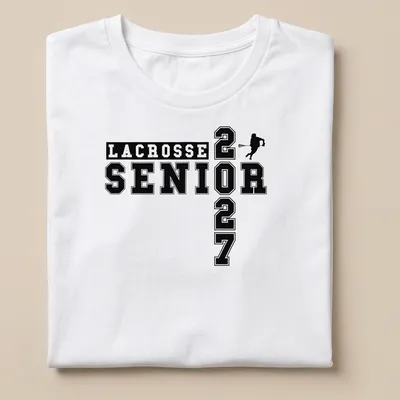 Bold collegiate Lacrosse Senior 2027 t-shirt featuring a lacrosse player in black and white