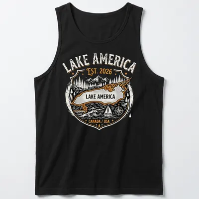 Vintage badge style t-shirt featuring Lake America text in black, orange, and white — printed on a tank top