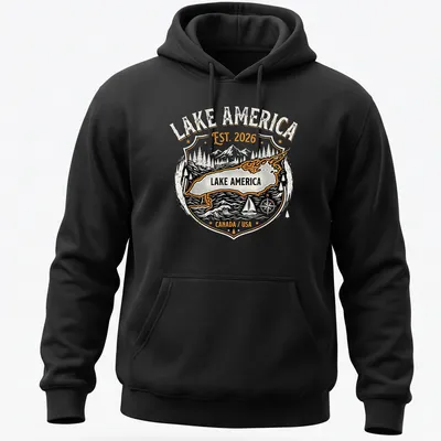 Vintage badge style t-shirt featuring Lake America text in black, orange, and white — printed on a unisex hoodie
