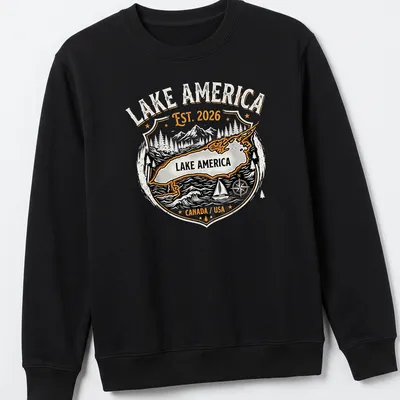 Vintage badge style t-shirt featuring Lake America text in black, orange, and white — printed on a unisex sweatshirt
