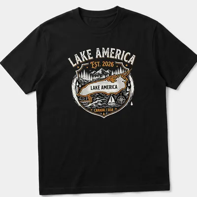 Vintage badge style t-shirt featuring Lake America text in black, orange, and white