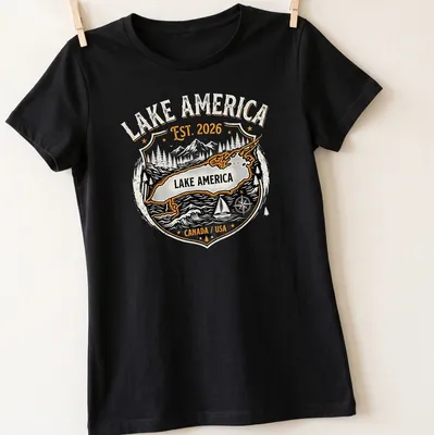 Vintage badge style t-shirt featuring Lake America text in black, orange, and white — printed on a women's shirt