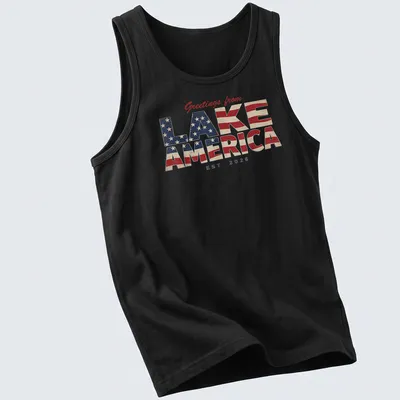 Vintage patriotic t-shirt with Lake America design in red, white, and blue — printed on a tank top