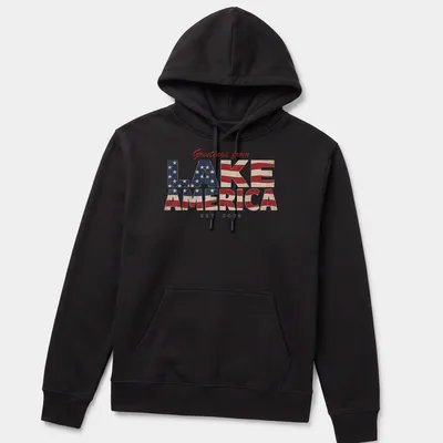 Vintage patriotic t-shirt with Lake America design in red, white, and blue — printed on a unisex hoodie