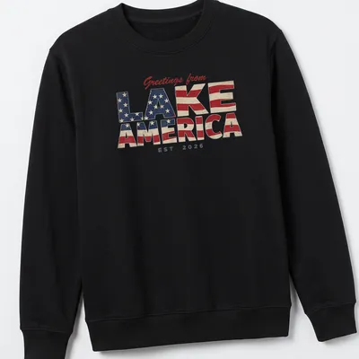 Vintage patriotic t-shirt with Lake America design in red, white, and blue — printed on a unisex sweatshirt
