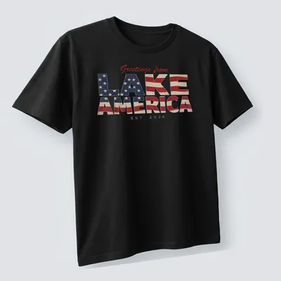 Vintage patriotic t-shirt with Lake America design in red, white, and blue — printed on a unisex t-shirt (angled view)