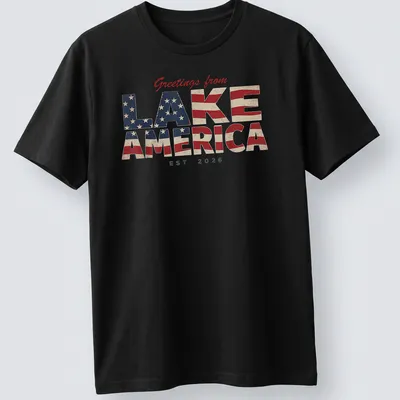 Vintage patriotic t-shirt with Lake America design in red, white, and blue