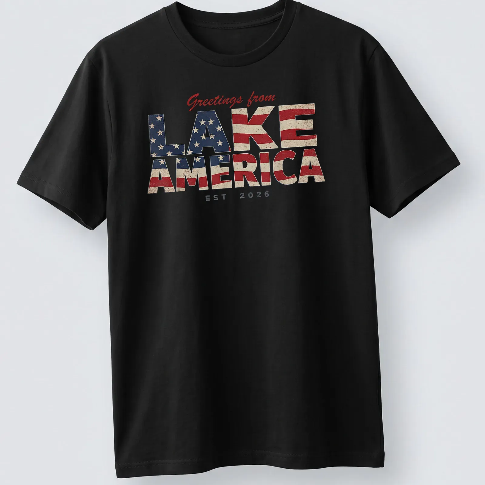 Vintage patriotic t-shirt with Lake America design in red, white, and blue — printed on a unisex t-shirt