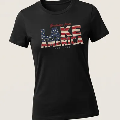 Vintage patriotic t-shirt with Lake America design in red, white, and blue — printed on a women's shirt