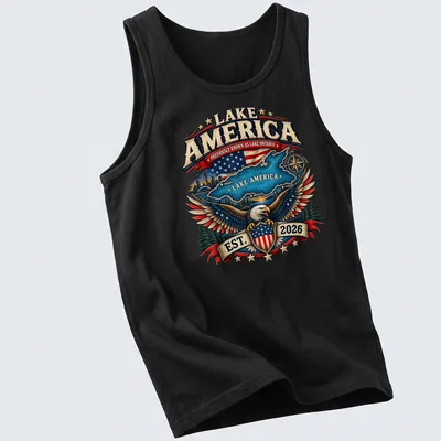Vintage emblem t-shirt featuring an eagle and lake map with colorful text — printed on a tank top