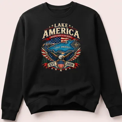 Vintage emblem t-shirt featuring an eagle and lake map with colorful text — printed on a unisex sweatshirt