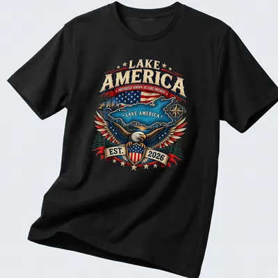Vintage emblem t-shirt featuring an eagle and lake map with colorful text