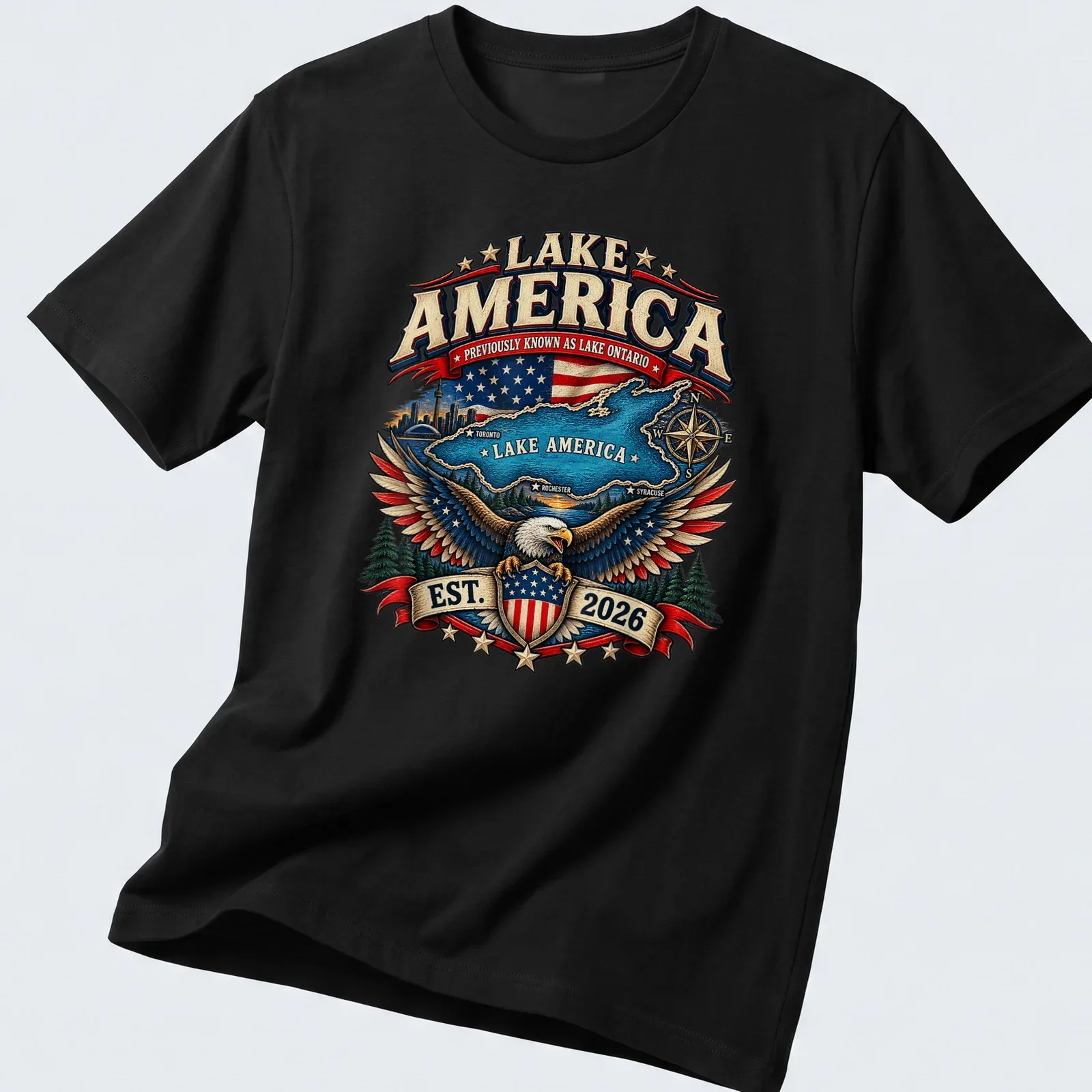 Vintage emblem t-shirt featuring an eagle and lake map with colorful text — printed on a unisex t-shirt