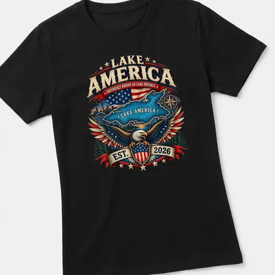Vintage emblem t-shirt featuring an eagle and lake map with colorful text — printed on a women's shirt