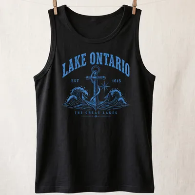 Vintage design featuring an anchor and Lake Ontario text in blue and white — printed on a tank top