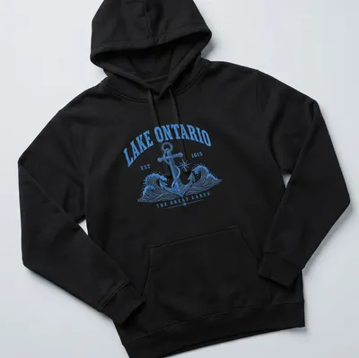 Vintage design featuring an anchor and Lake Ontario text in blue and white — printed on a unisex hoodie