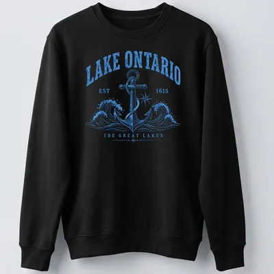 Vintage design featuring an anchor and Lake Ontario text in blue and white — printed on a unisex sweatshirt