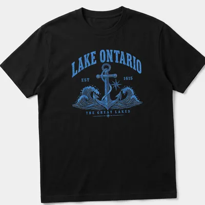 Vintage design featuring an anchor and Lake Ontario text in blue and white