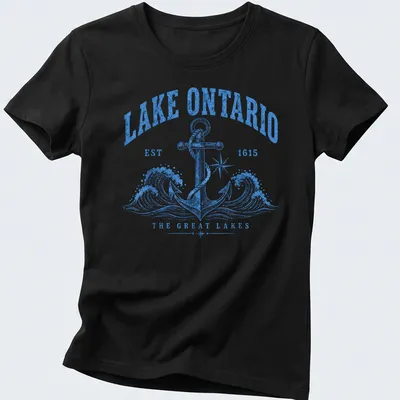 Vintage design featuring an anchor and Lake Ontario text in blue and white — printed on a women's shirt