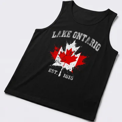 Vintage distressed print featuring a Canadian flag and maple leaves with Lake Ontario text — printed on a tank top