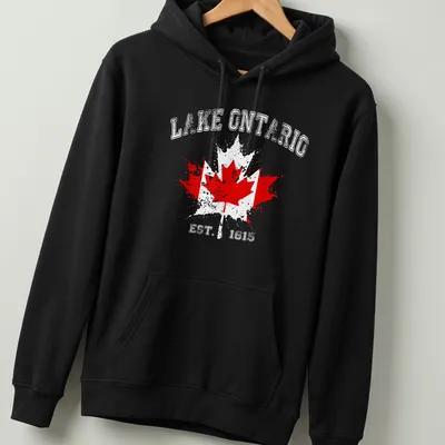 Vintage distressed print featuring a Canadian flag and maple leaves with Lake Ontario text — printed on a unisex hoodie
