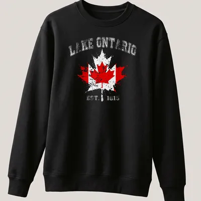Vintage distressed print featuring a Canadian flag and maple leaves with Lake Ontario text — printed on a unisex sweatshirt