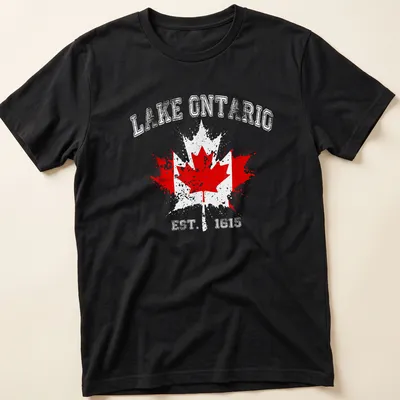 Vintage distressed print featuring a Canadian flag and maple leaves with Lake Ontario text