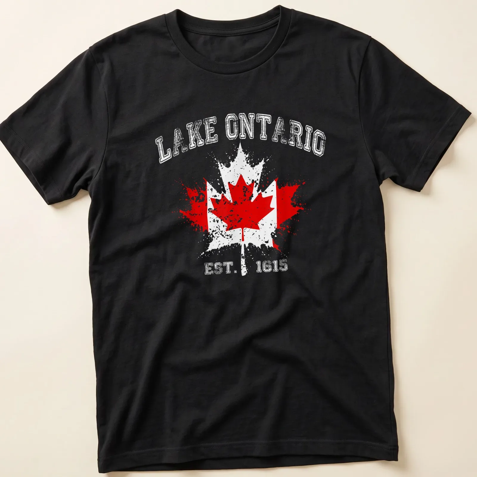 Vintage distressed print featuring a Canadian flag and maple leaves with Lake Ontario text — printed on a unisex t-shirt