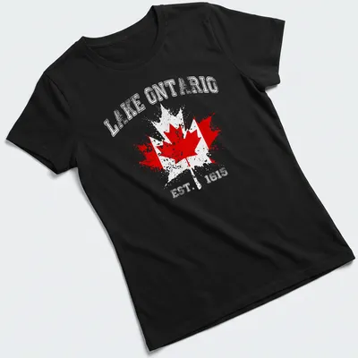 Vintage distressed print featuring a Canadian flag and maple leaves with Lake Ontario text — printed on a women's shirt