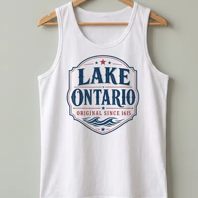 Vintage badge design featuring Lake Ontario and founding date in navy, red, and white. — printed on a tank top