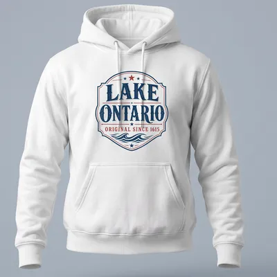Vintage badge design featuring Lake Ontario and founding date in navy, red, and white. — printed on a unisex hoodie