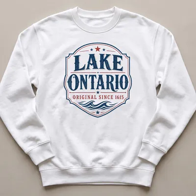 Vintage badge design featuring Lake Ontario and founding date in navy, red, and white. — printed on a unisex sweatshirt