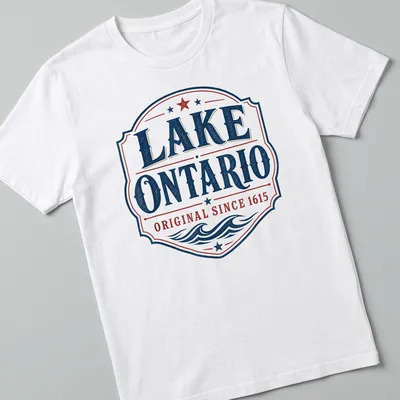 Vintage badge design featuring Lake Ontario and founding date in navy, red, and white.